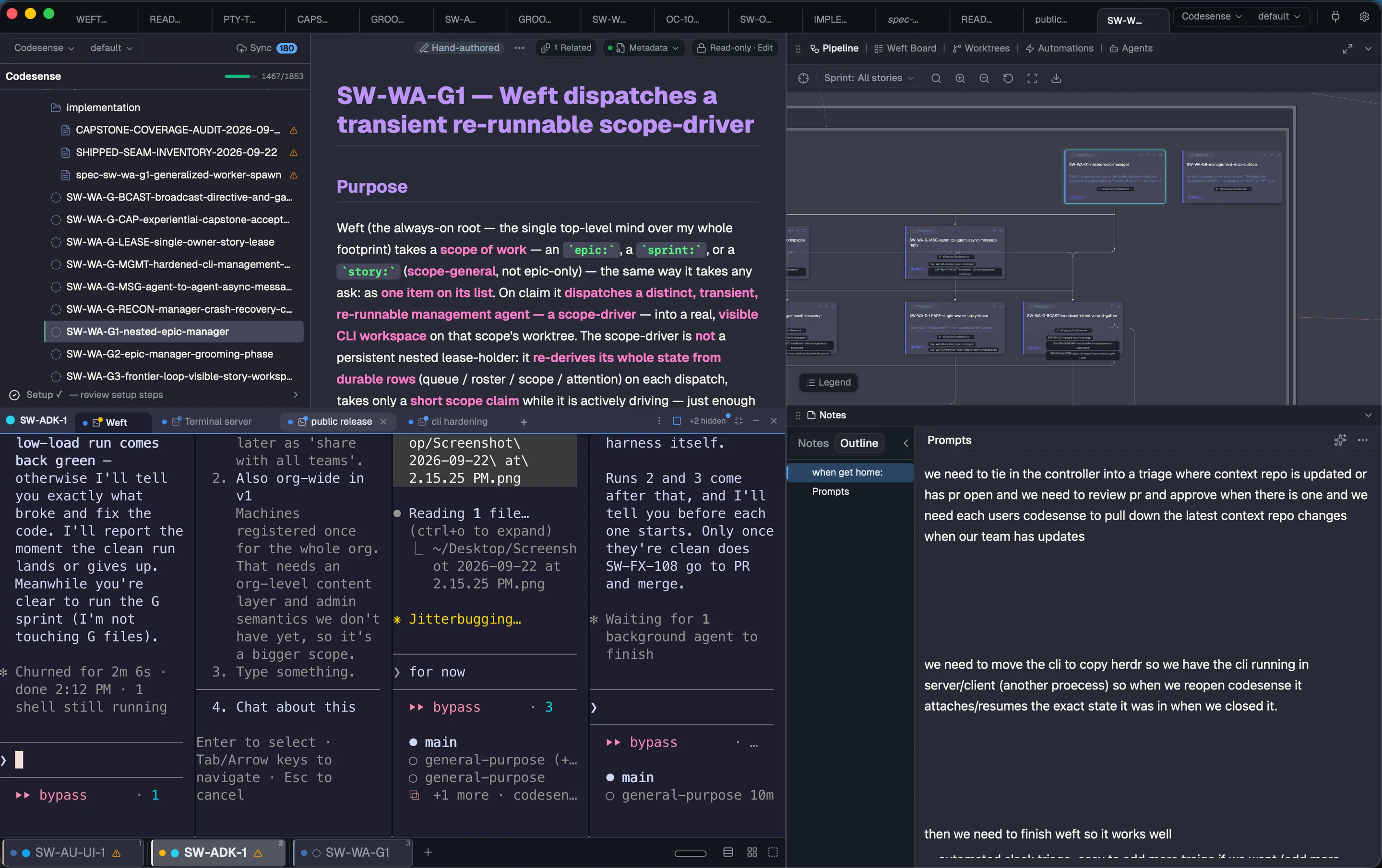 A full CodeSense window: the context tree and a rendered story doc on the left, the pipeline dependency graph and notes on the right, four live agent terminal sessions side by side below, and workspace tabs along the top and bottom.